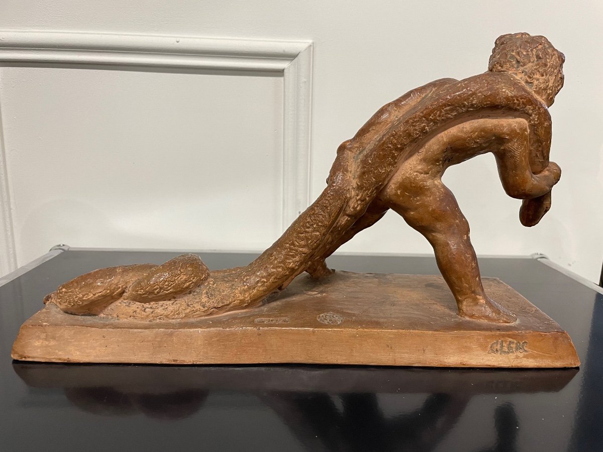 Sylvestre Clerc - Child Pulling A Snake Terracotta Sculpture Susse Frères-photo-3